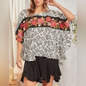 Savanna Jane Boho Embroidered Floral Geometric Poncho Top